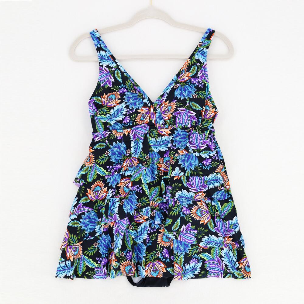 Swim Solutions Women Floral Boho V-Neck Tummy Control Tiered Swimdress Size US 8 - Picture 2 of 9